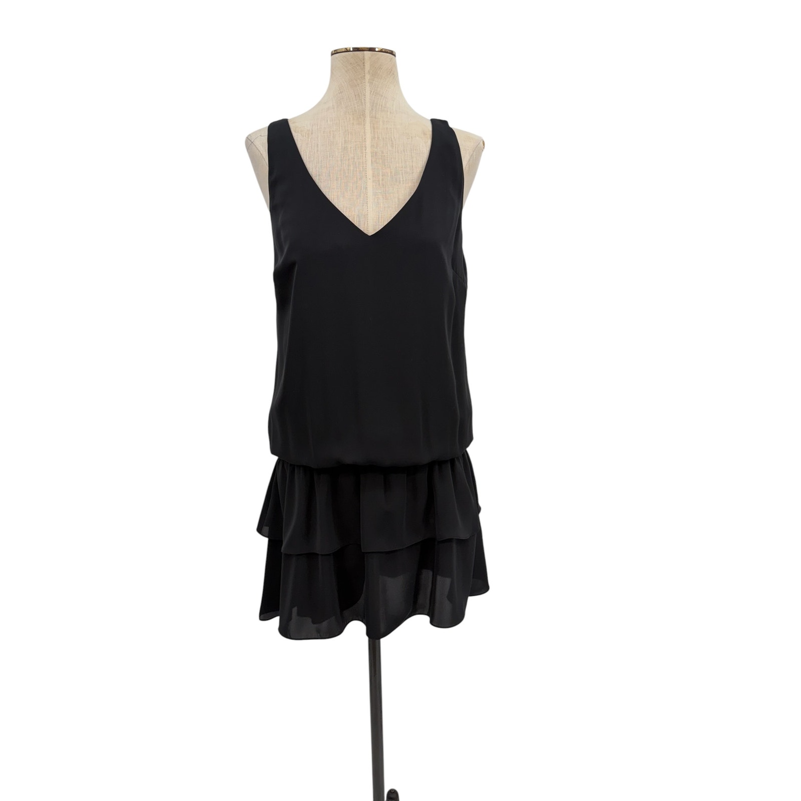 Amanda Uprichard Black Tiered Ruffle Mini Dress Sleeveless V Neck Size Small